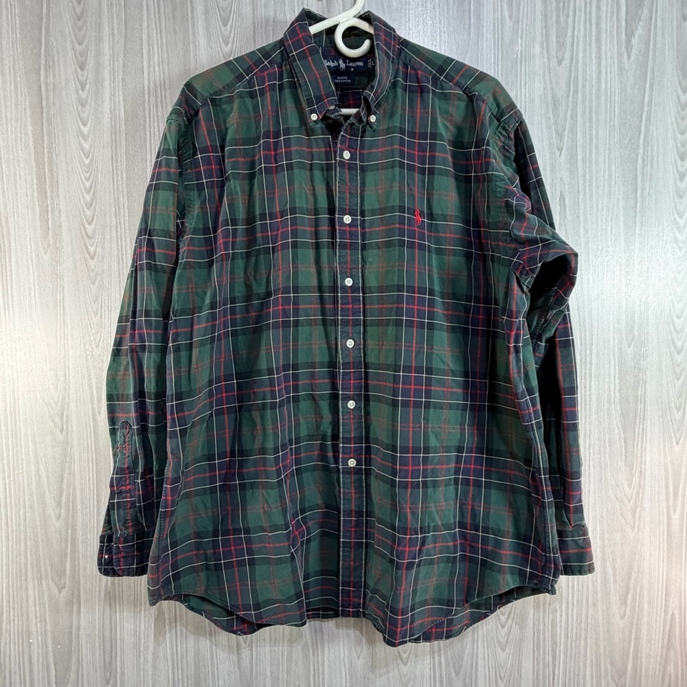 Vintage Polo Ralph Lauren Shirt Mens Large Green Tartan Plaid Logo Pocket Button